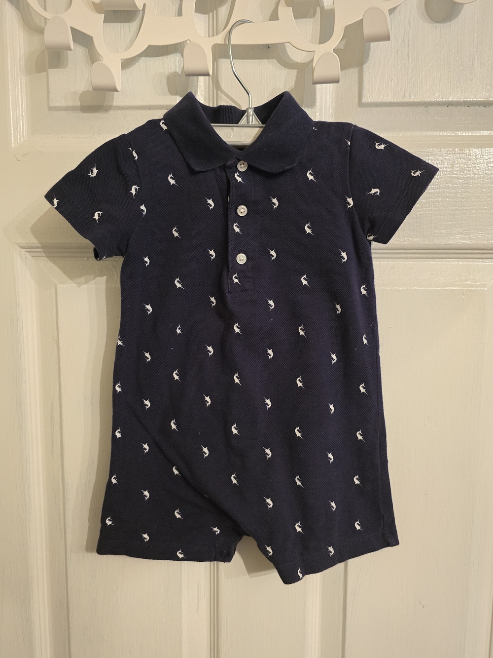 Carter's Navy Blue Polo Romper with White Swordfish Embroidery